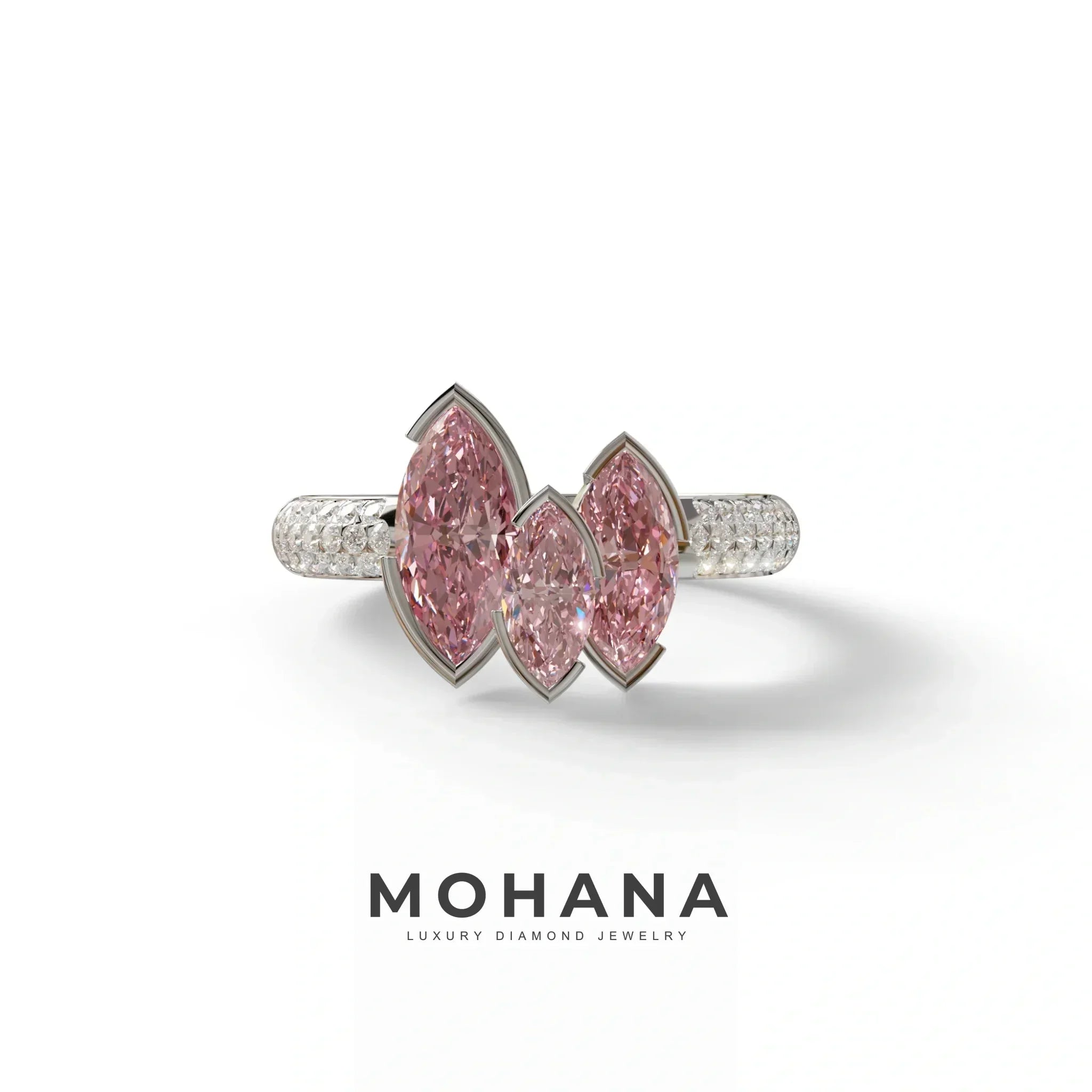 3 Stone 1.75 Ct Pink Marquise Cut Pave Setting Lab Diamond Ring - Dutch - 10K Solid Gold / White Gold