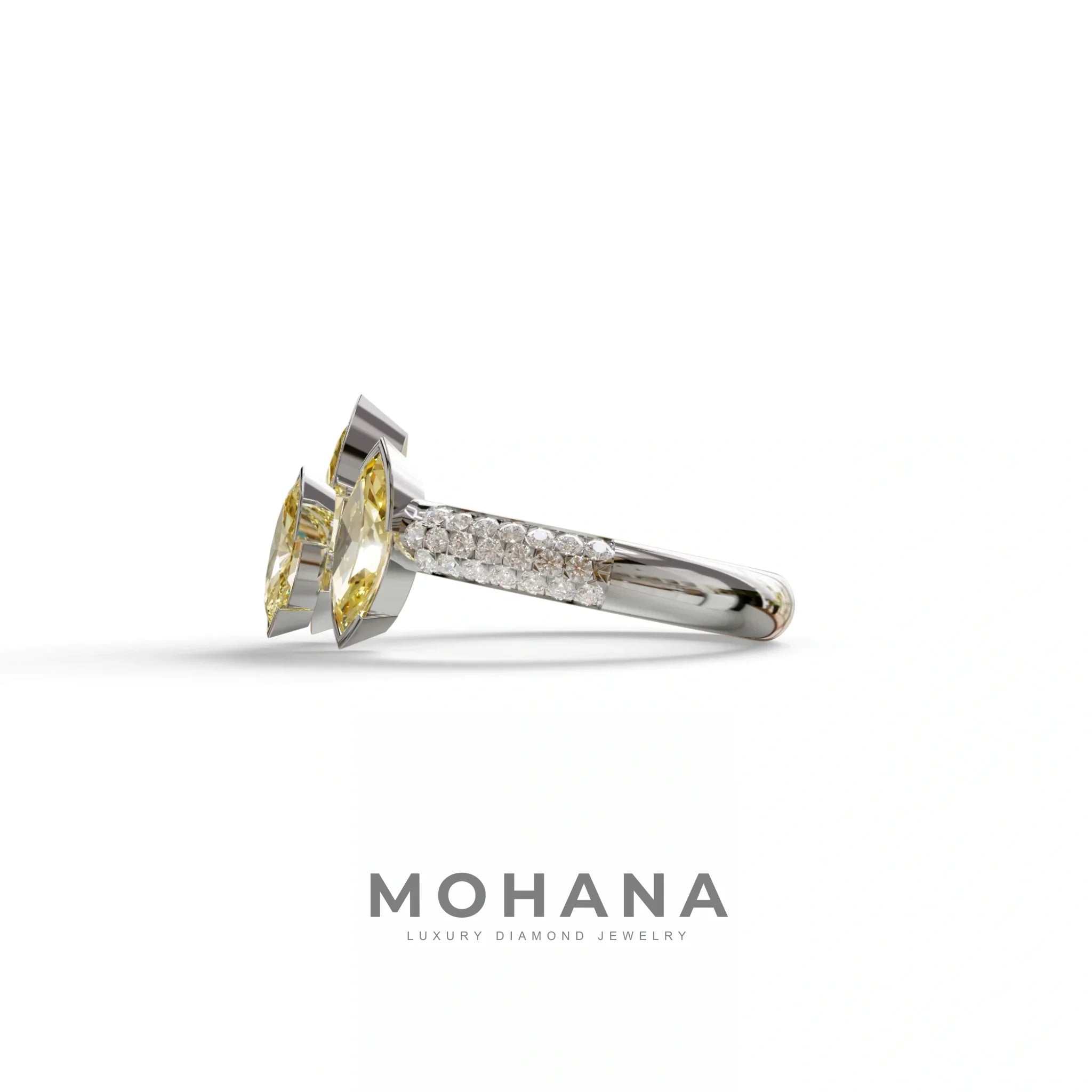 3 Stone 1.75 Ct Yellow Marquise Cut Pave Setting Lab Diamond Ring - Dutch