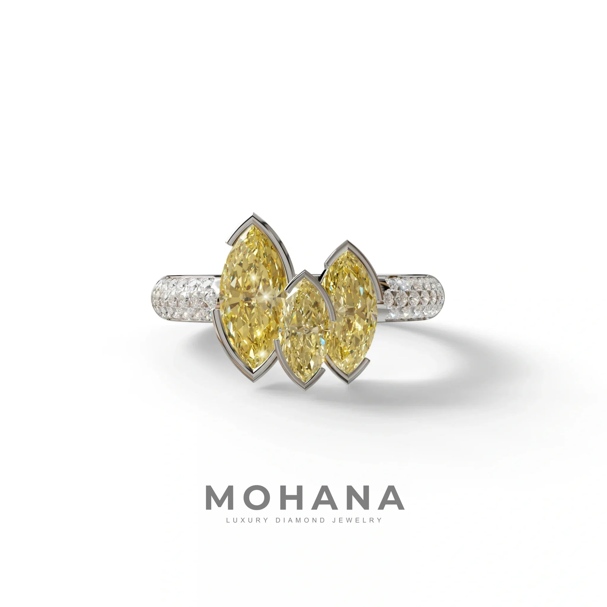 3 Stone 1.75 Ct Yellow Marquise Cut Pave Setting Lab Diamond Ring - Dutch - 10K Solid Gold / White Gold