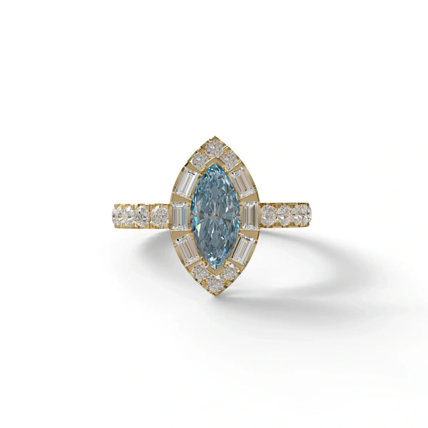 1 Carat Blue Lab Grown Diamond Engagement Ring – Marquise Cut Halo & Pavé | Luxe