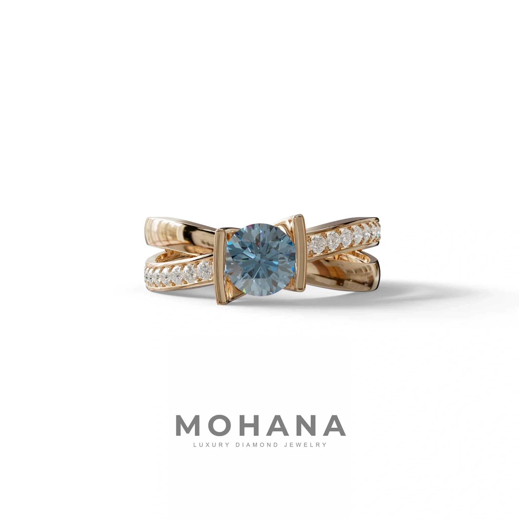 1 Carat Blue Round Cut Lab Diamond Crossover Ring Pave Setting - Lisa - 10K Solid Gold / Rose Gold