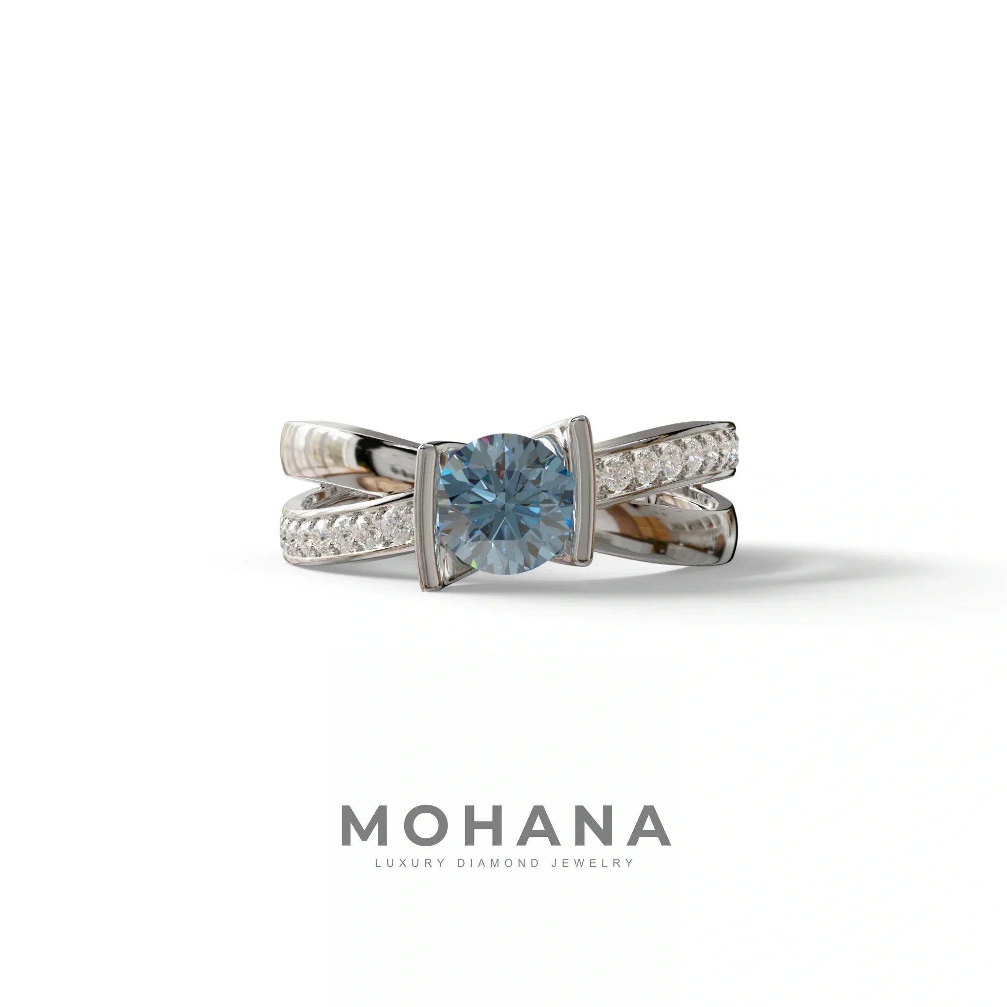 1 Carat Blue Round Cut Lab Diamond Crossover Ring Pave Setting - Lisa - 10K Solid Gold / White Gold