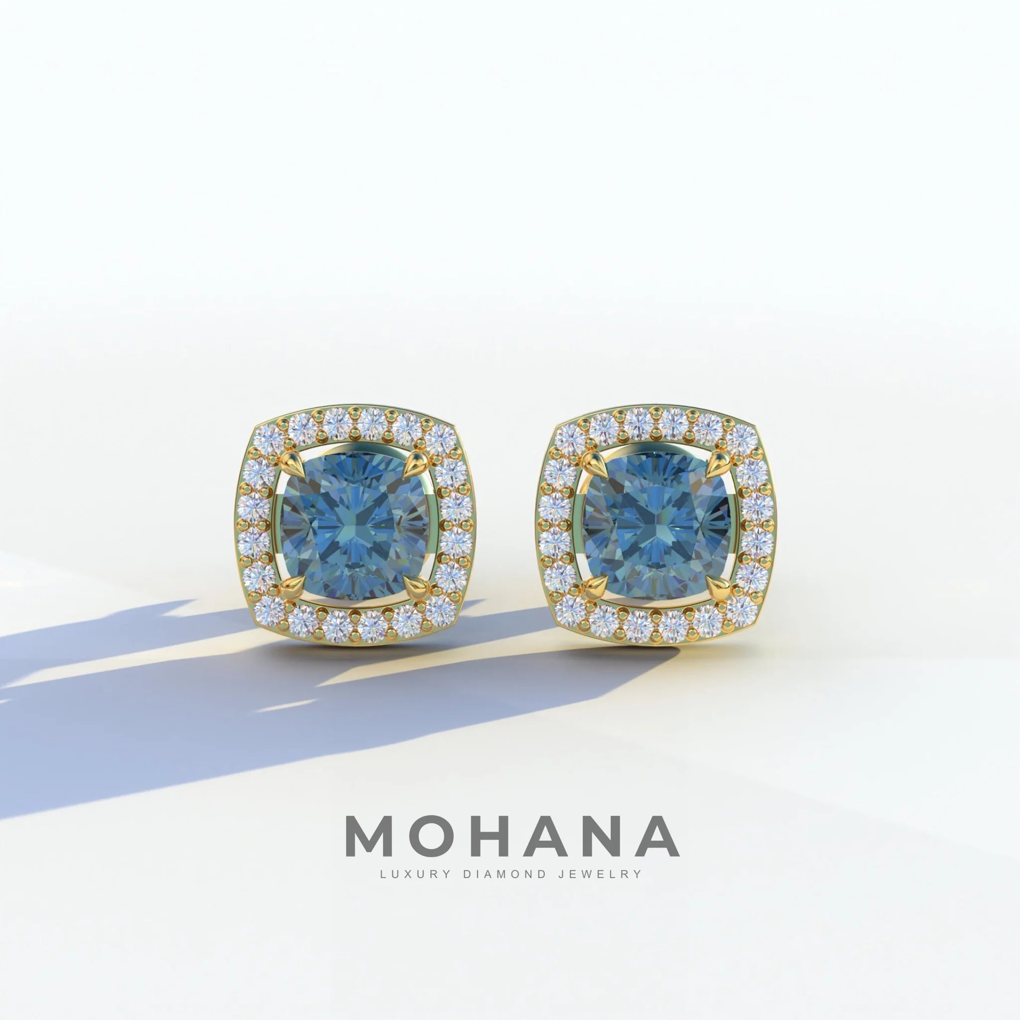 Kiara - Cushion Cut Blue Diamond Stud Earrings | Halo Earring Setting - 10K Solid Gold / Yellow Gold