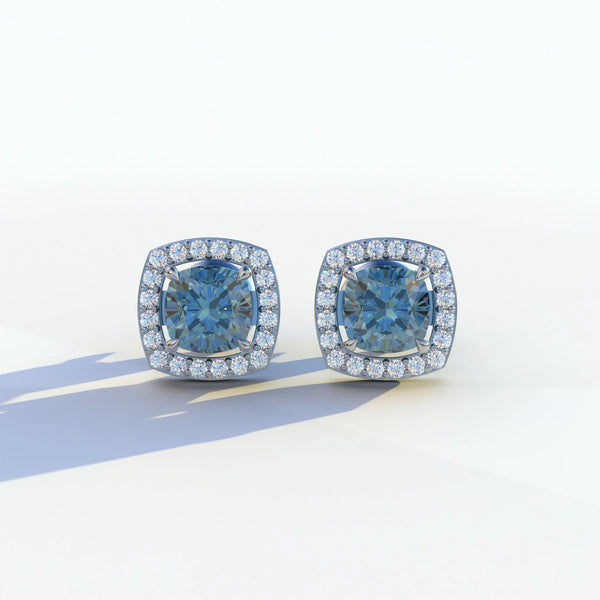 1 Carat Blue Lab Grown Diamond Stud Earrings – Cushion Cut Halo