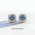 Kiara - Cushion Cut Blue Diamond Stud Earrings | Halo Earring Setting - 10K Solid Gold / Rose Gold