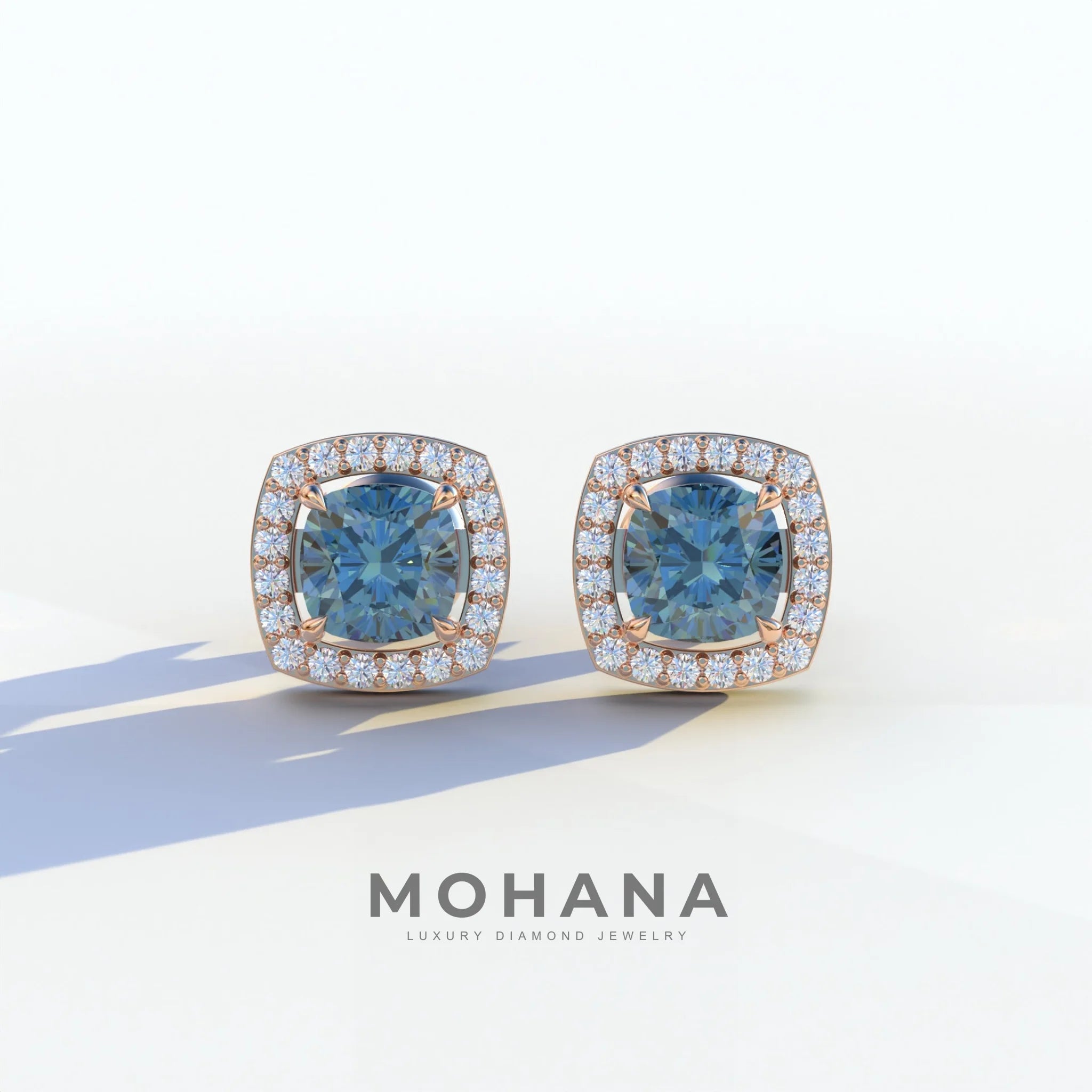Kiara - Cushion Cut Blue Diamond Stud Earrings | Halo Earring Setting - 10K Solid Gold / Rose Gold