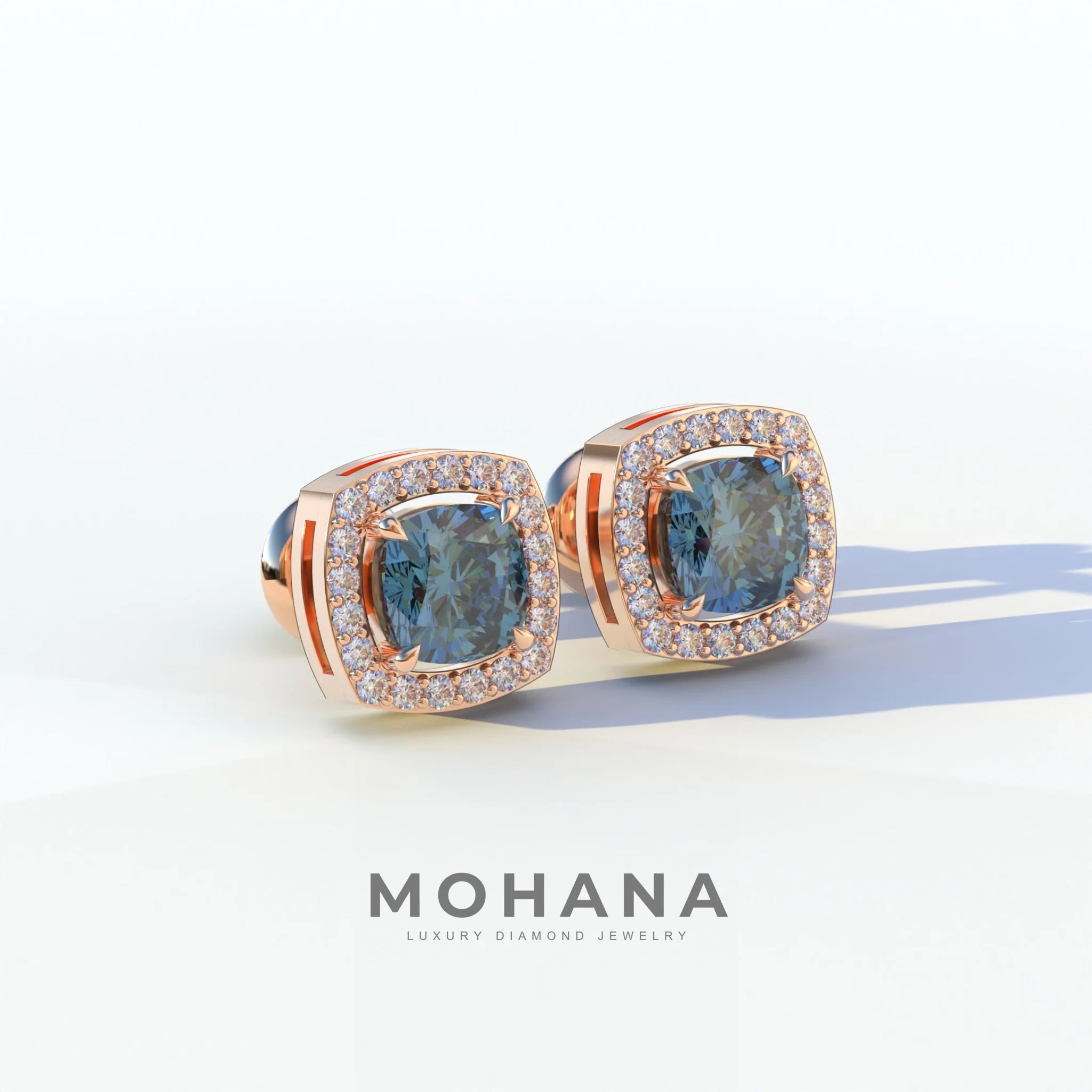 Kiara - Cushion Cut Blue Diamond Stud Earrings | Halo Earring Setting