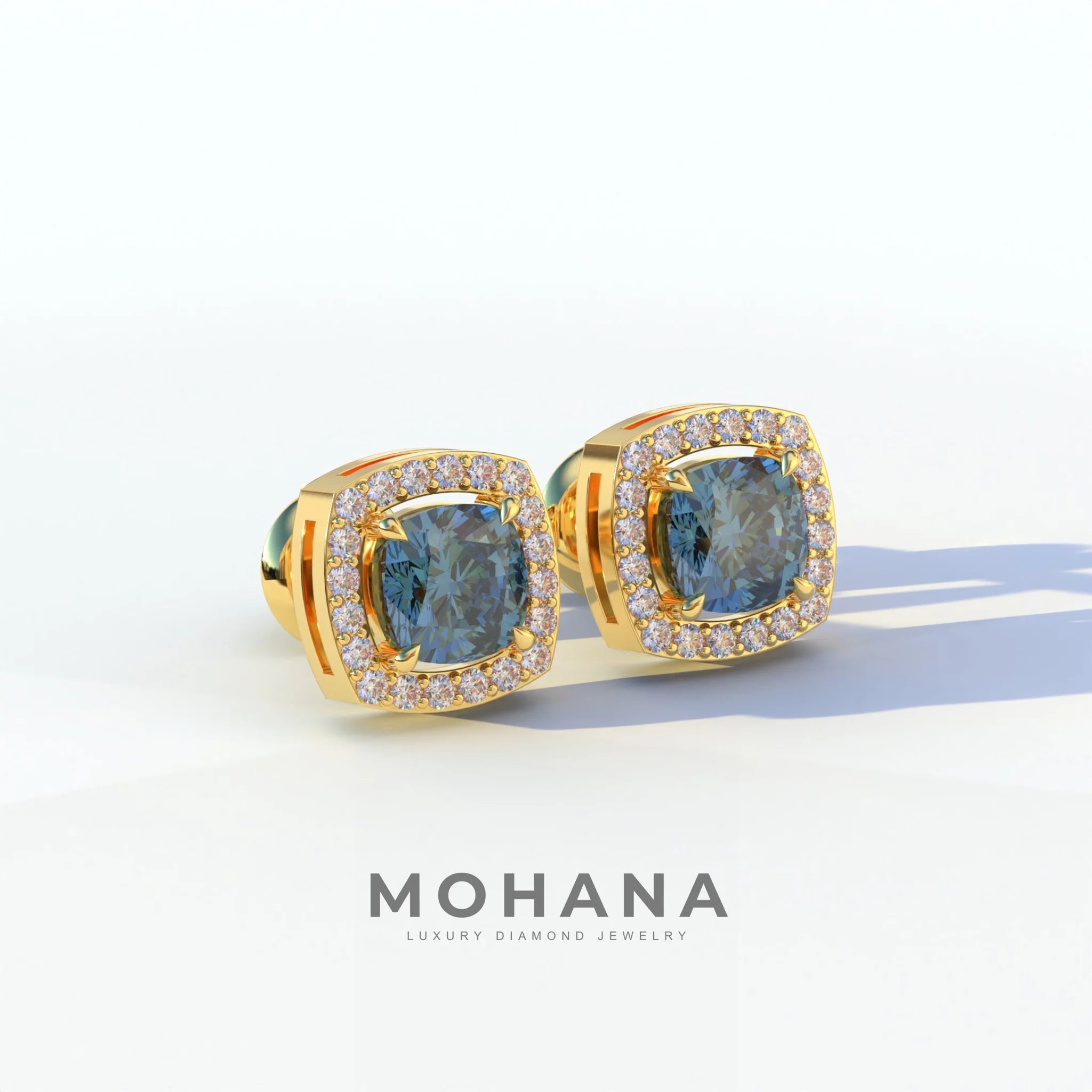 Kiara - Cushion Cut Blue Diamond Stud Earrings | Halo Earring Setting