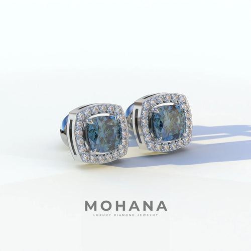 Kiara - Cushion Cut Blue Diamond Stud Earrings | Halo Earring Setting
