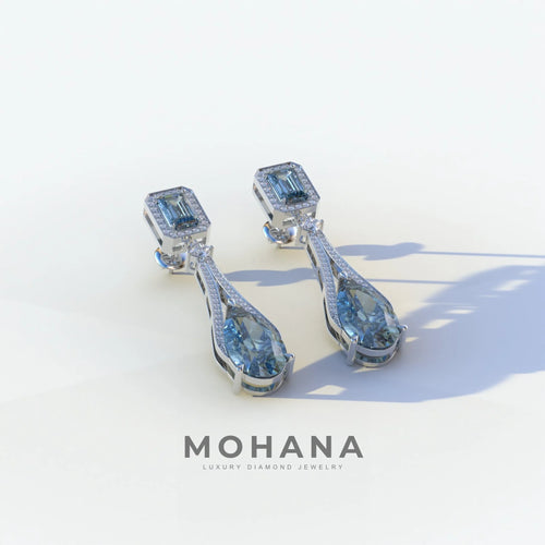 Canary - Blue Color Pear & Emerald Diamond Drop Earrings | Fancy Halo Setting | Certified
