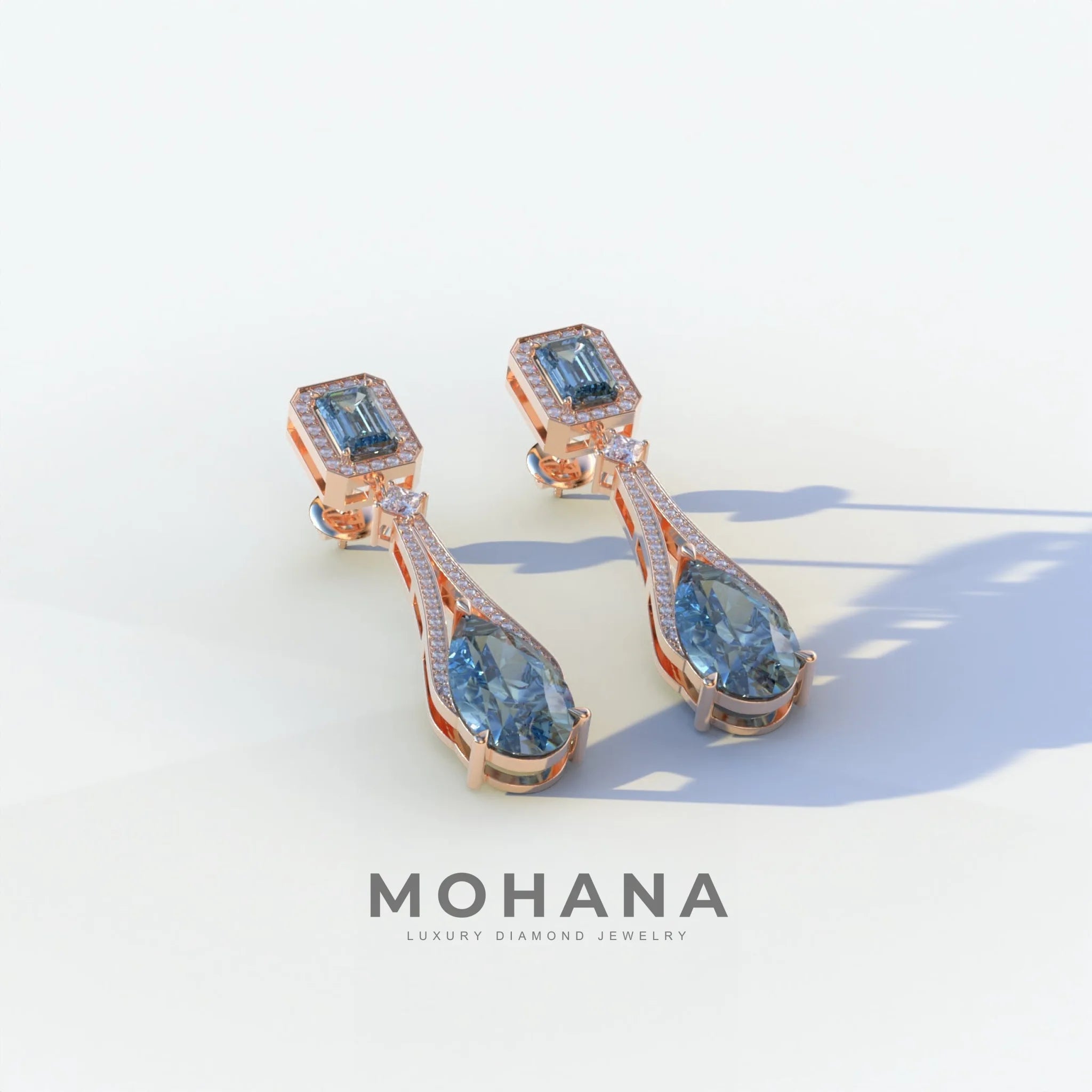 Canary - Blue Color Pear & Emerald Diamond Drop Earrings | Fancy Halo Setting | Certified