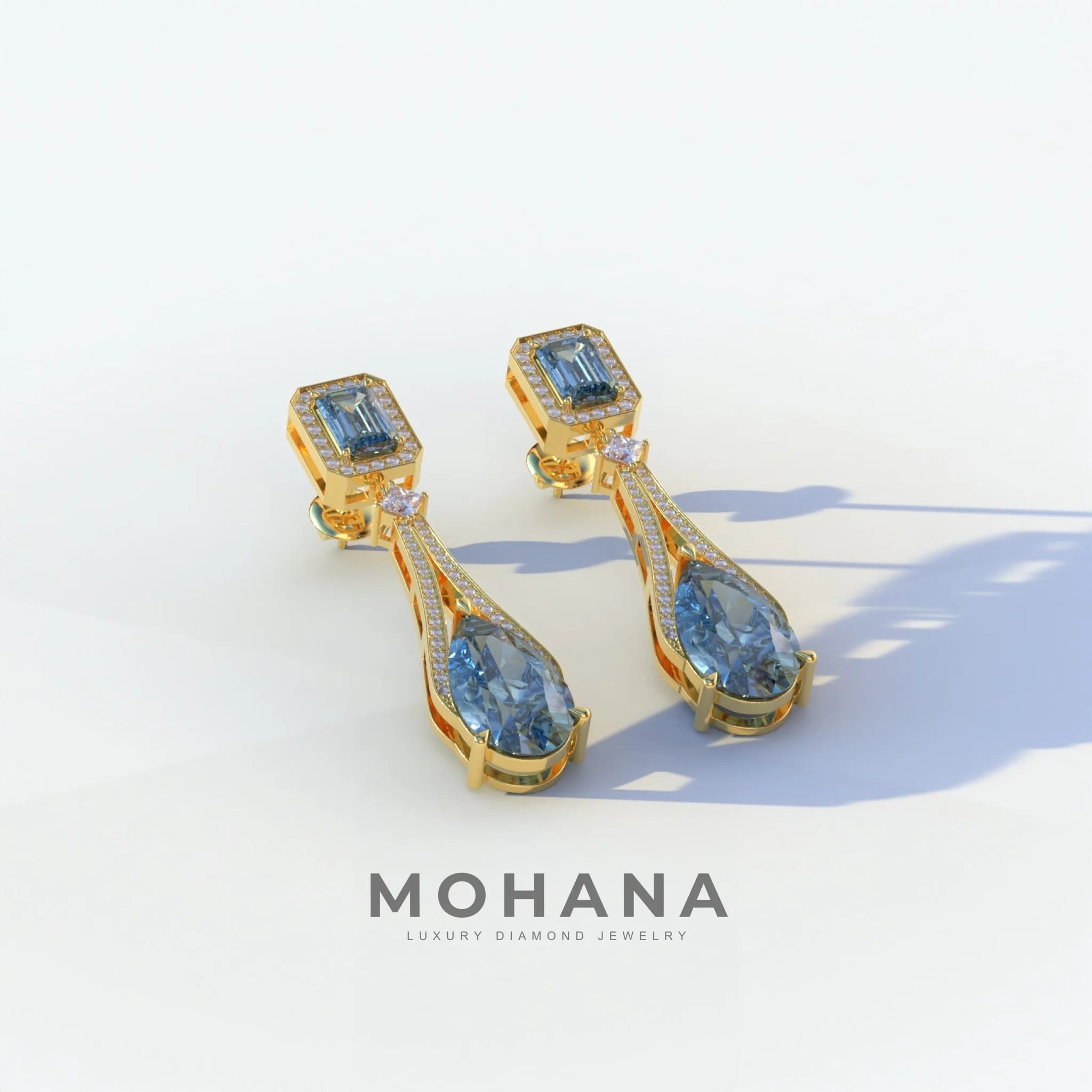 Canary - Blue Color Pear & Emerald Diamond Drop Earrings | Fancy Halo Setting | Certified