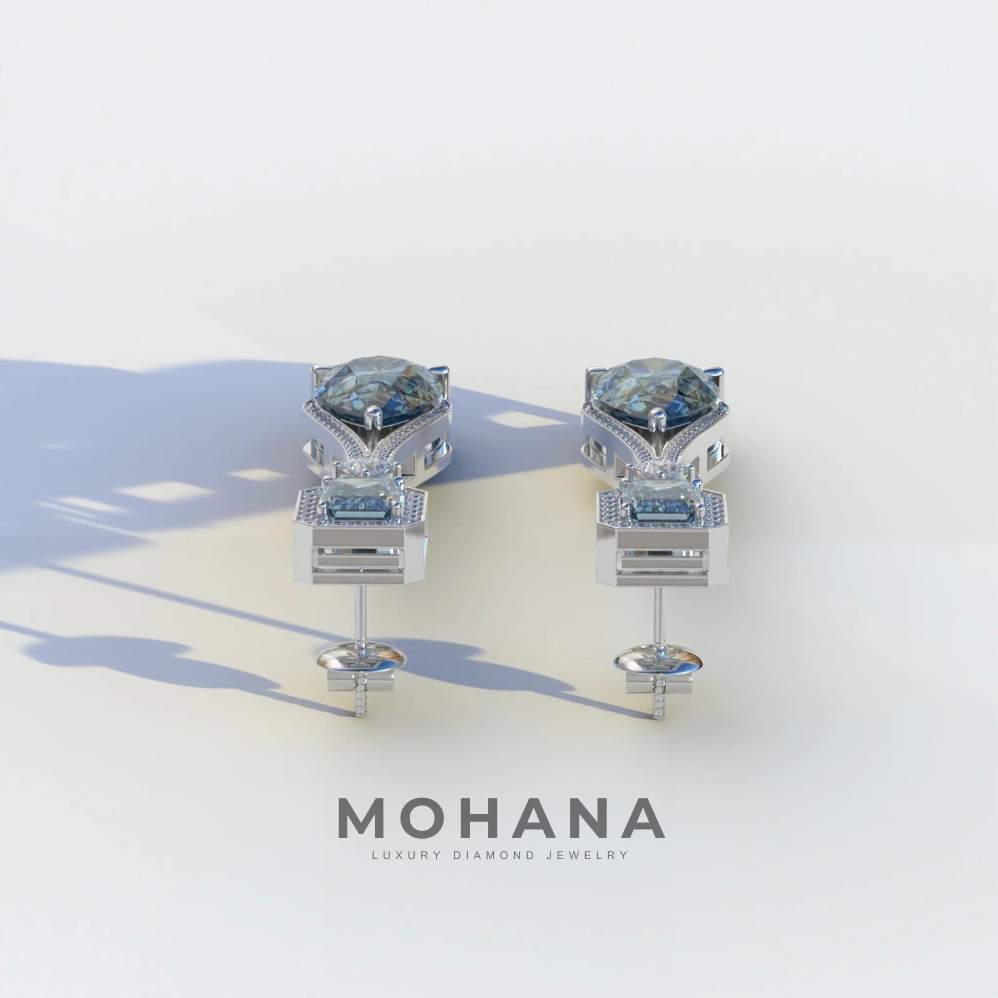 Canary - Blue Color Pear & Emerald Diamond Drop Earrings | Fancy Halo Setting | Certified