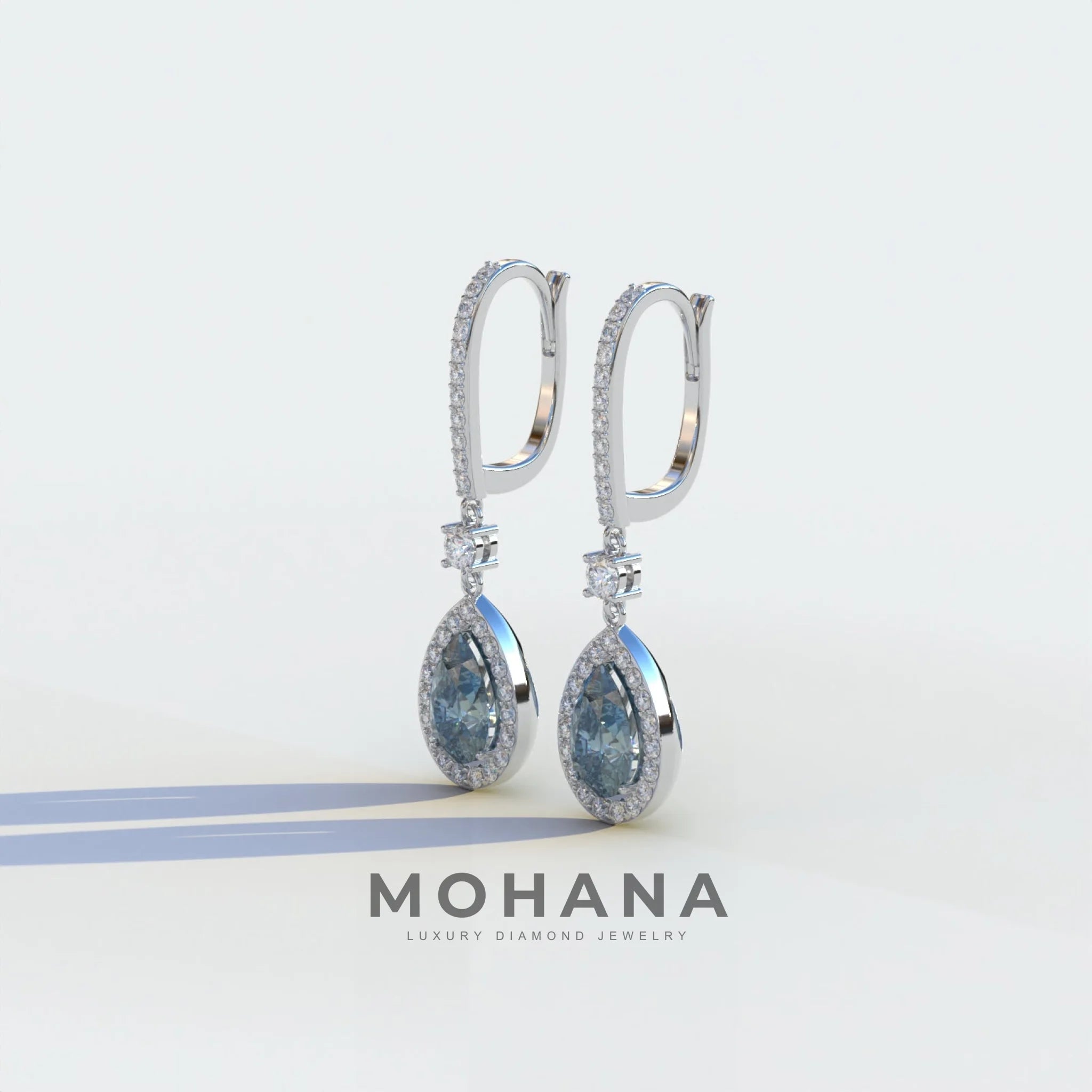 Cleopatra - Pear Cut Blue Color Diamond Stud Earrings | Halo & Pave Setting | Certified