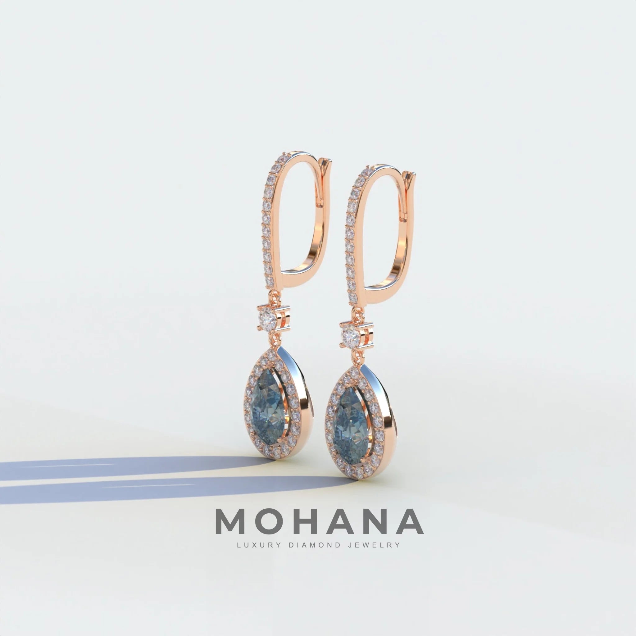 Cleopatra - Pear Cut Blue Color Diamond Stud Earrings | Halo & Pave Setting | Certified