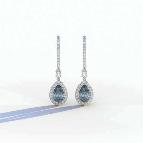 Cleopatra - Pear Cut Blue Color Diamond Stud Earrings | Halo & Pave Setting | Certified - 1 Carat Tw. Lab Diamond / 10K