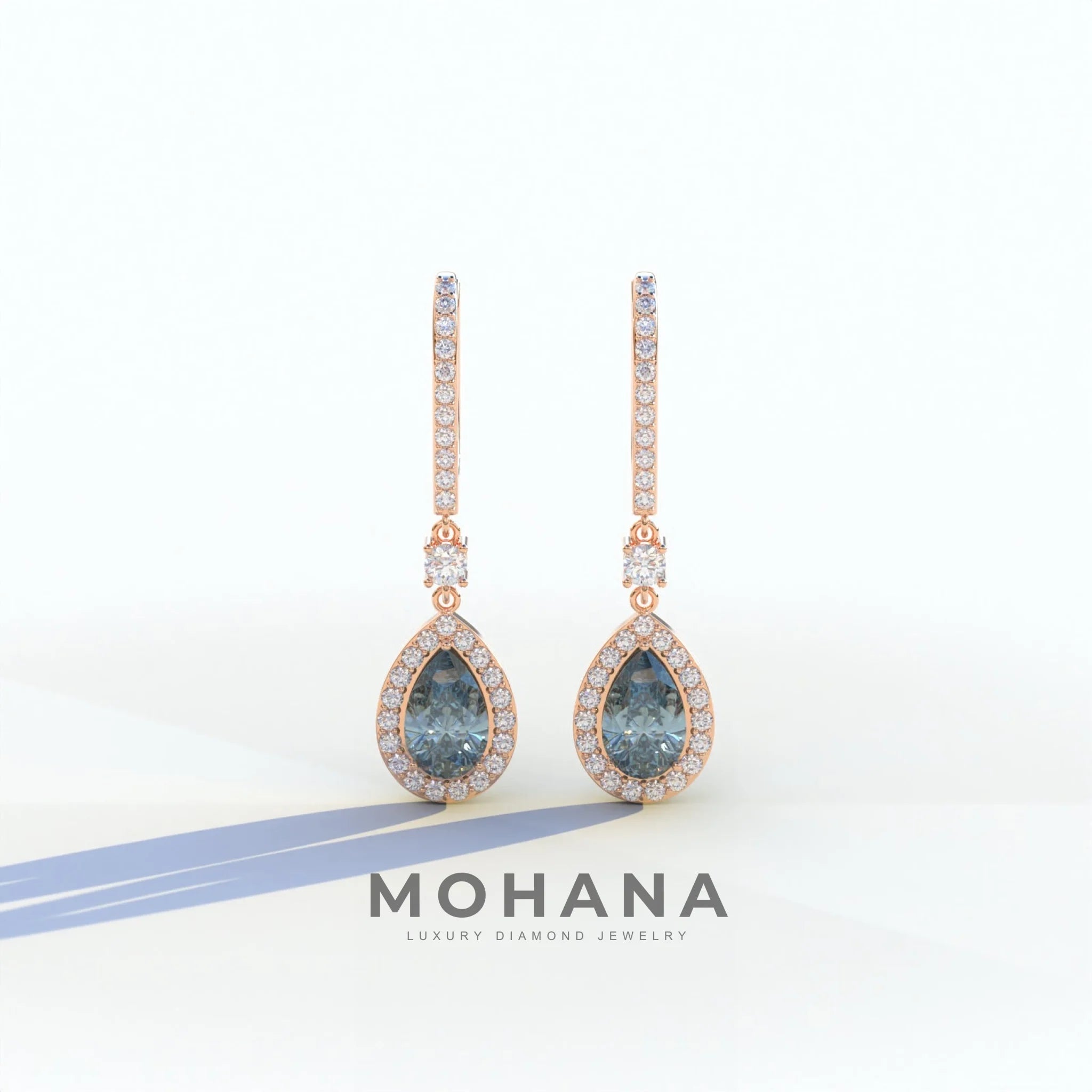 Cleopatra - Pear Cut Blue Color Diamond Stud Earrings | Halo & Pave Setting | Certified - 1 Carat Tw. Lab Diamond / 10K