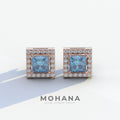 1 Carat Blue Princess Cut Lab Grown Diamond Halo Stud Earrings - 10K Solid Gold / Rose Gold