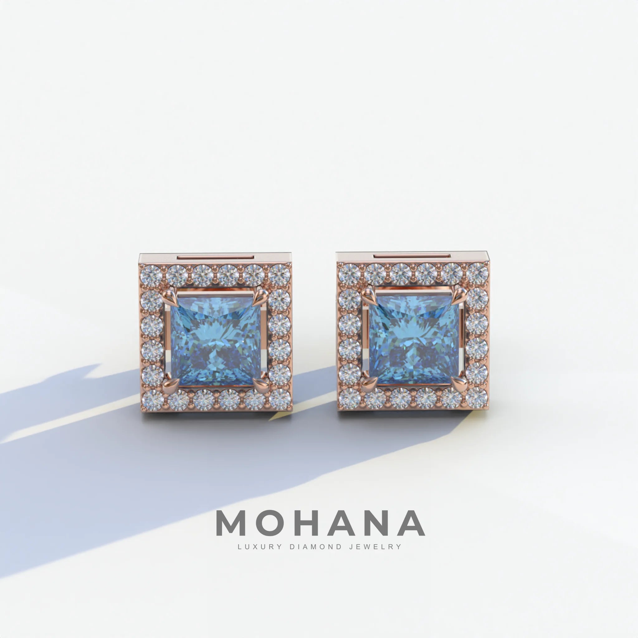 1 Carat Blue Princess Cut Lab Grown Diamond Halo Stud Earrings - 10K Solid Gold / Rose Gold