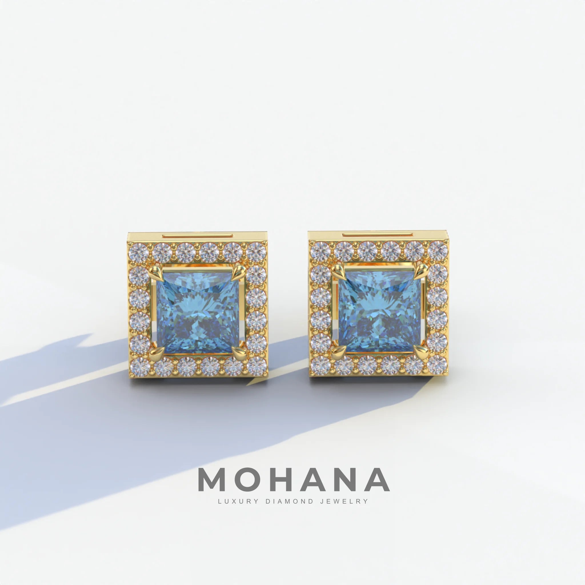 1 Carat Blue Princess Cut Lab Grown Diamond Halo Stud Earrings - 10K Solid Gold / Yellow Gold