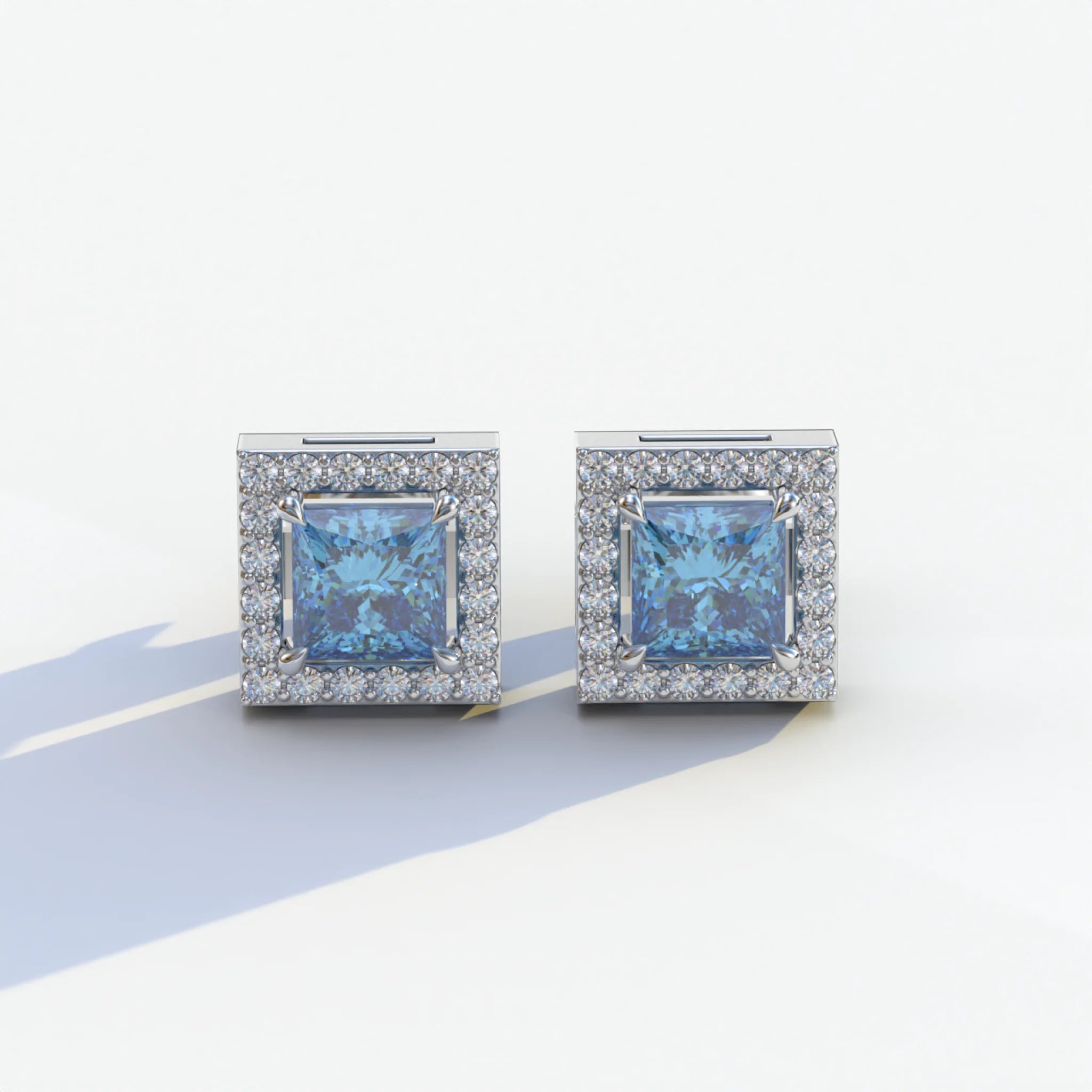 1 Carat Blue Princess Cut Lab Grown Diamond Halo Stud Earrings - 10K Solid Gold / White Gold