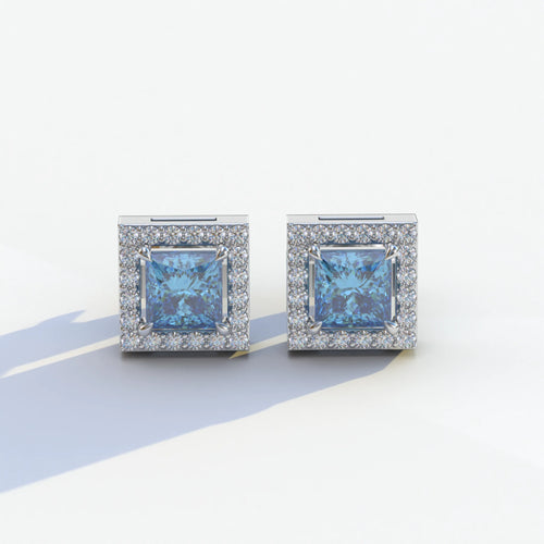 1 Carat Blue Princess Cut Lab Grown Diamond Halo Stud Earrings - 10K Solid Gold / White Gold