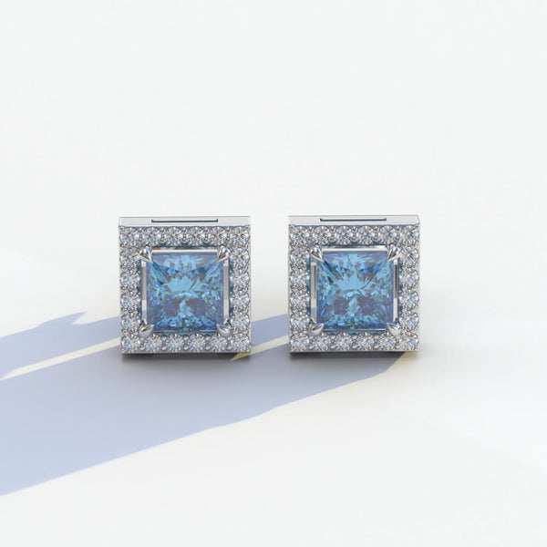 1 Carat Blue Lab Grown Diamond Stud Earrings – Princess Cut Halo