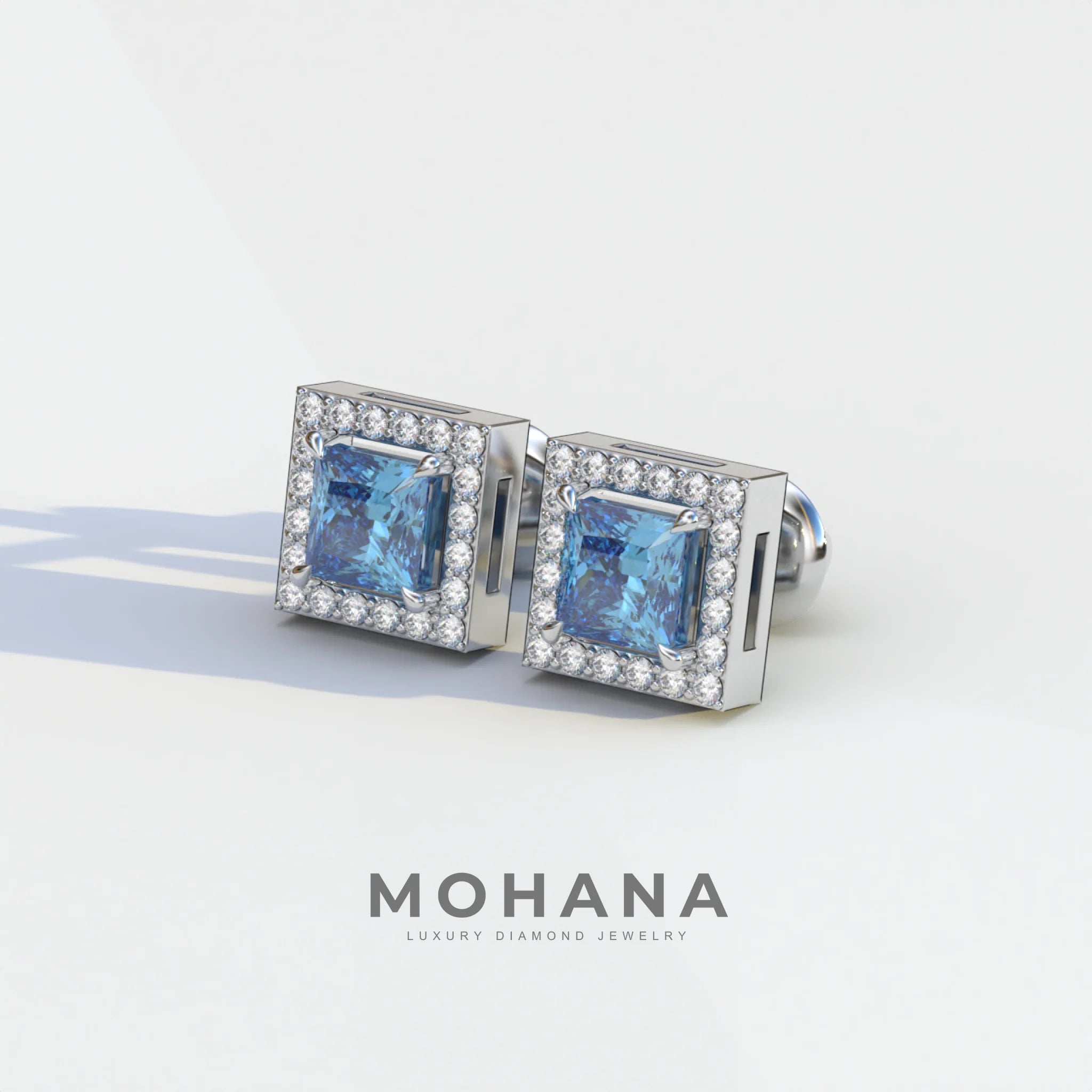 1 Carat Blue Princess Cut Lab Grown Diamond Halo Stud Earrings