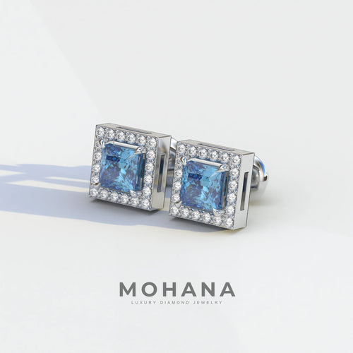 1 Carat Blue Princess Cut Lab Grown Diamond Halo Stud Earrings