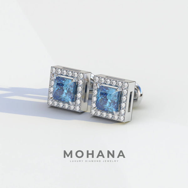 1 Carat Blue Lab Grown Diamond Stud Earrings – Princess Cut Halo alternate view