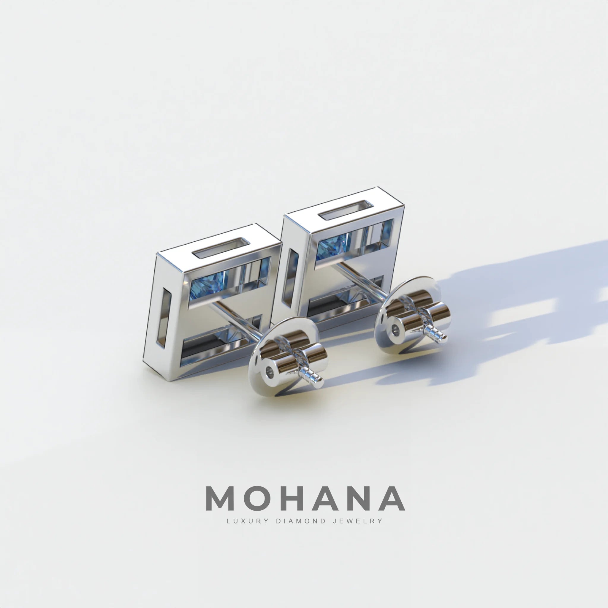 1 Carat Blue Princess Cut Lab Grown Diamond Halo Stud Earrings