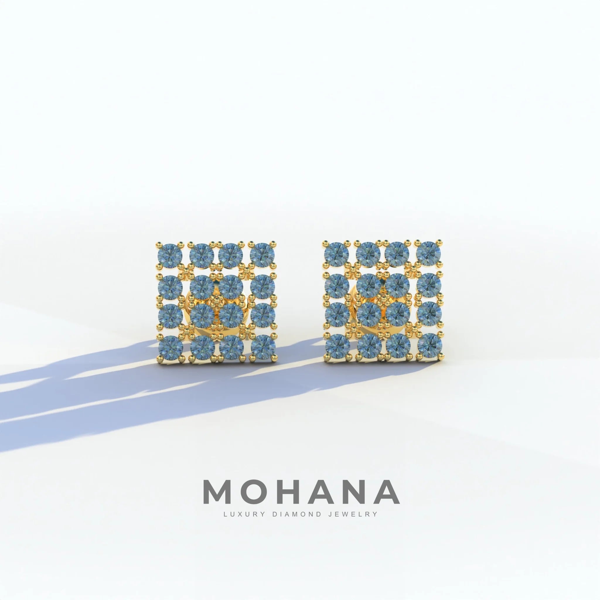 Blue Round Cut Lab Diamond Cluster Setting Stud Earrings - Cindy - 10K Solid Gold / Yellow Gold
