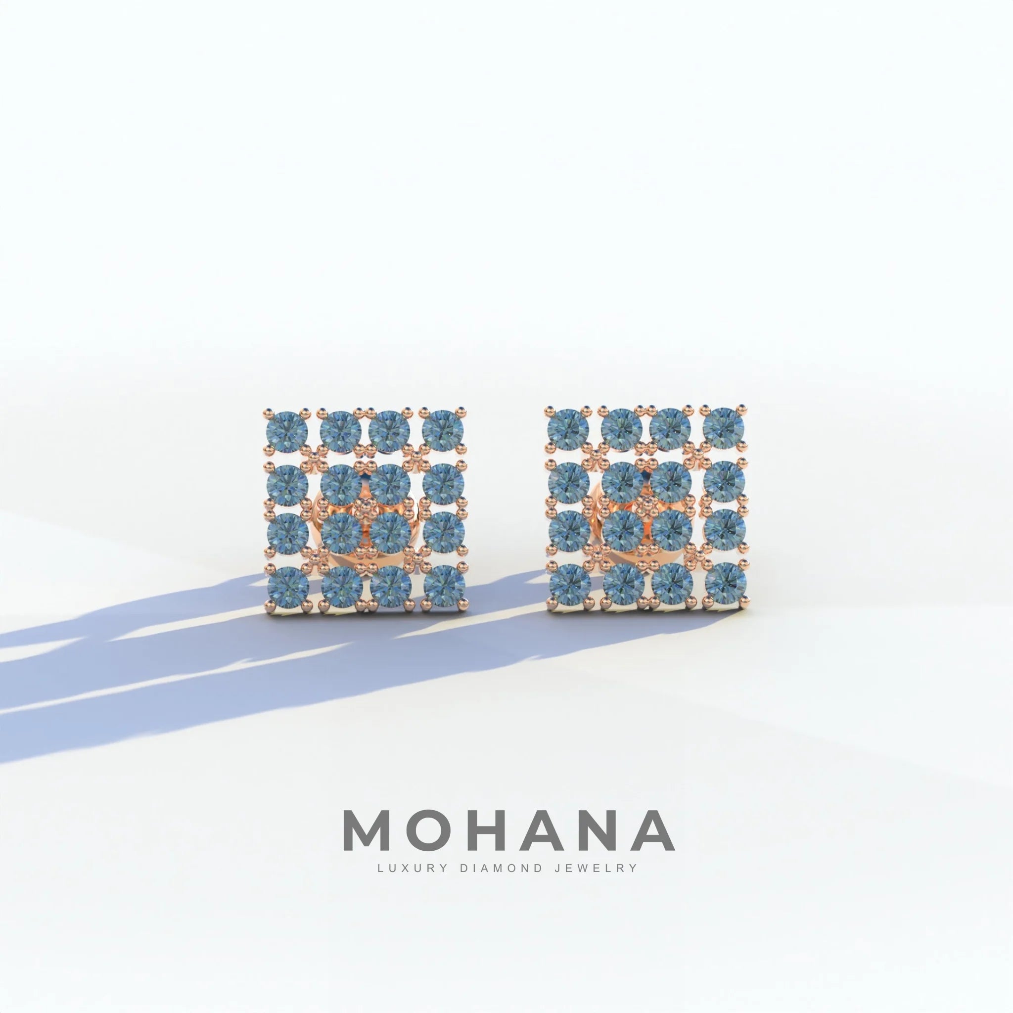 Blue Round Cut Lab Diamond Cluster Setting Stud Earrings - Cindy - 10K Solid Gold / Rose Gold