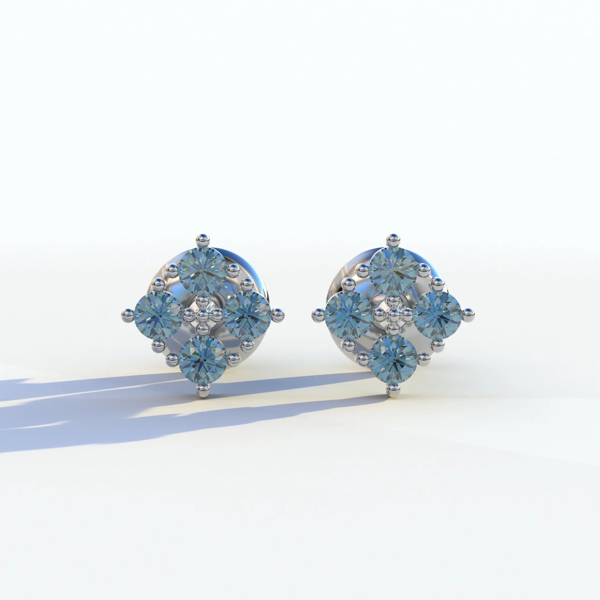 Blue Round Cut Lab Diamond Stud Earrings | Cluster Setting - Rae Brilliance - 10K Solid Gold / White Gold