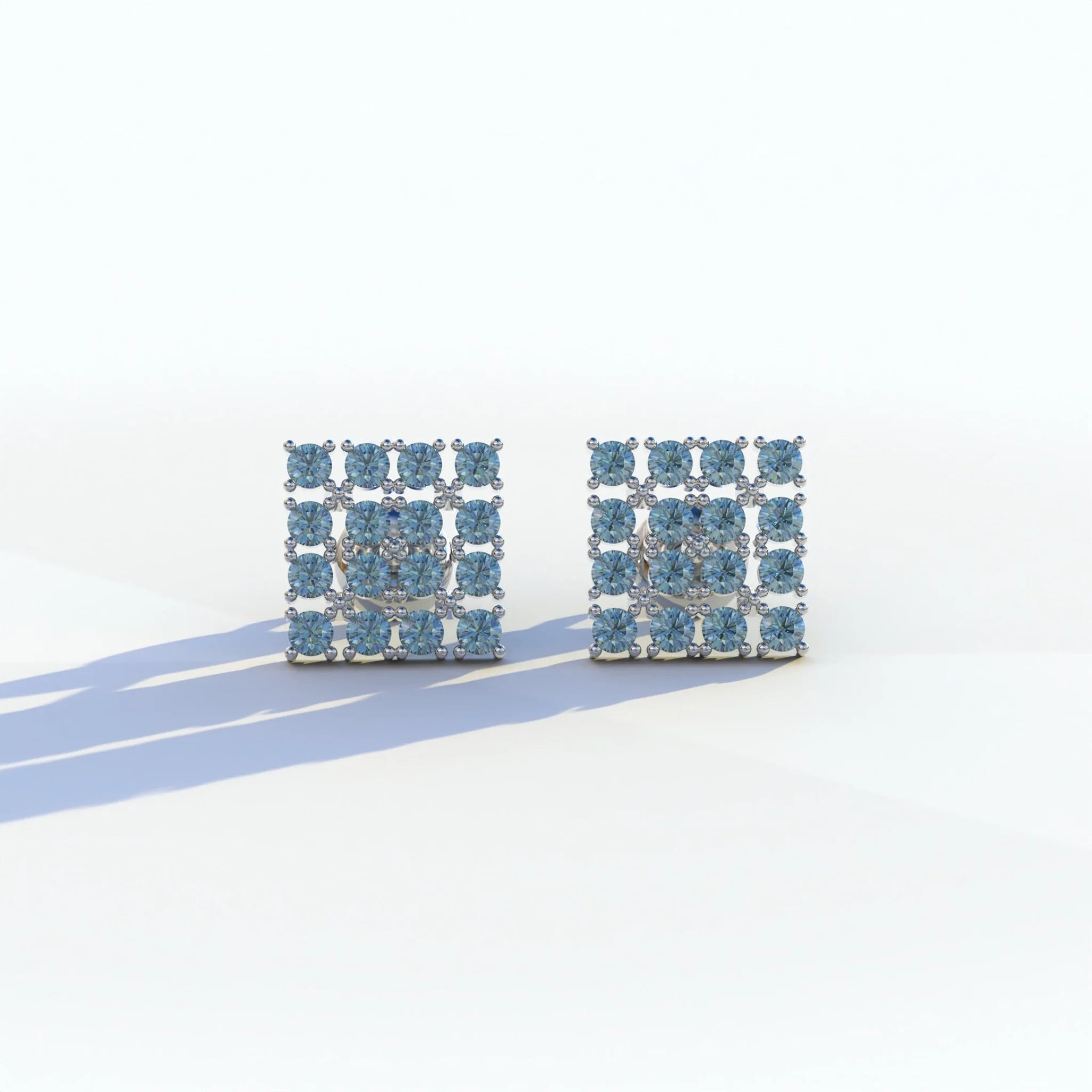 Blue Round Cut Lab Diamond Cluster Setting Stud Earrings - Cindy - 10K Solid Gold / White Gold