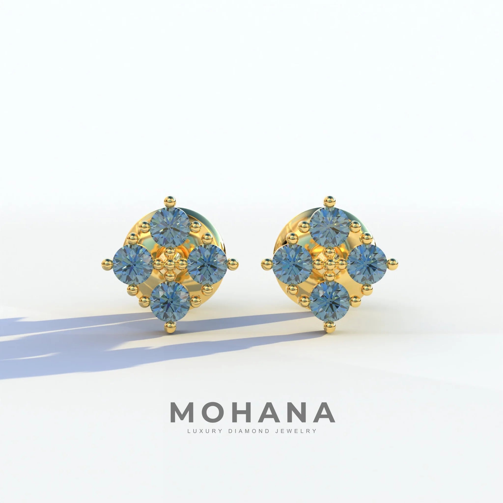 Blue Round Cut Lab Diamond Stud Earrings | Cluster Setting - Rae Brilliance - 10K Solid Gold / Yellow Gold