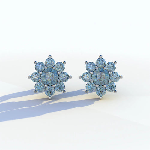 Persee - Round Blue Diamond Stud Earrings| Piercing Flower Setting - 10K Solid Gold / White Gold