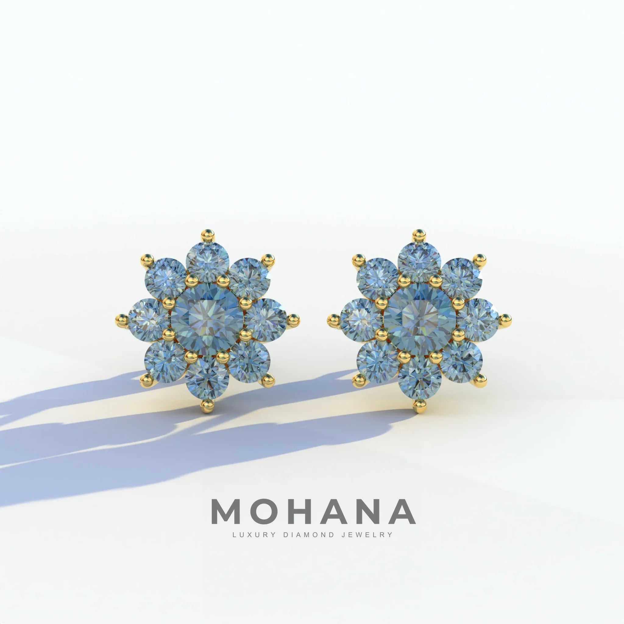Persee - Round Blue Diamond Stud Earrings| Piercing Flower Setting - 10K Solid Gold / Yellow Gold