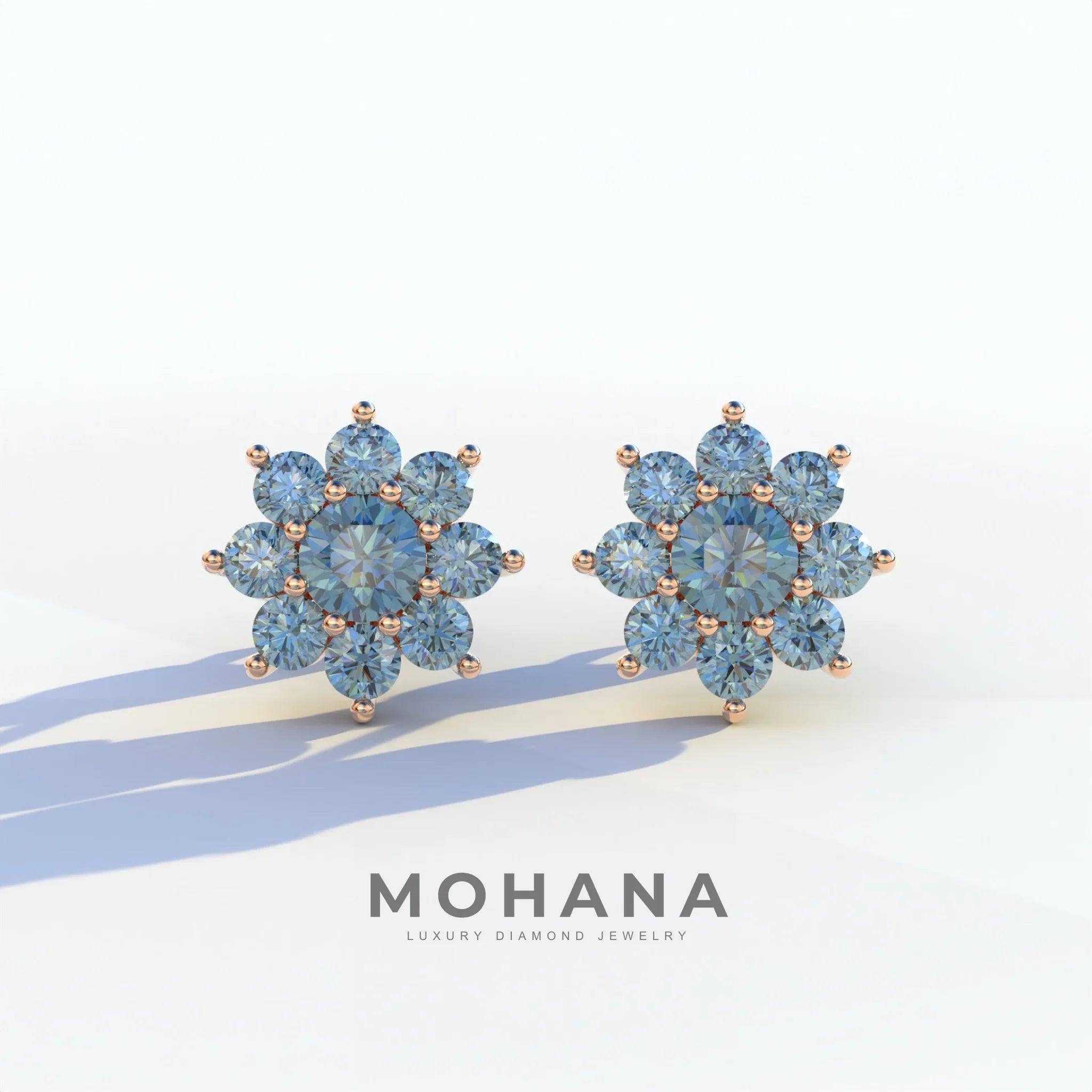 Persee - Round Blue Diamond Stud Earrings| Piercing Flower Setting - 10K Solid Gold / Rose Gold