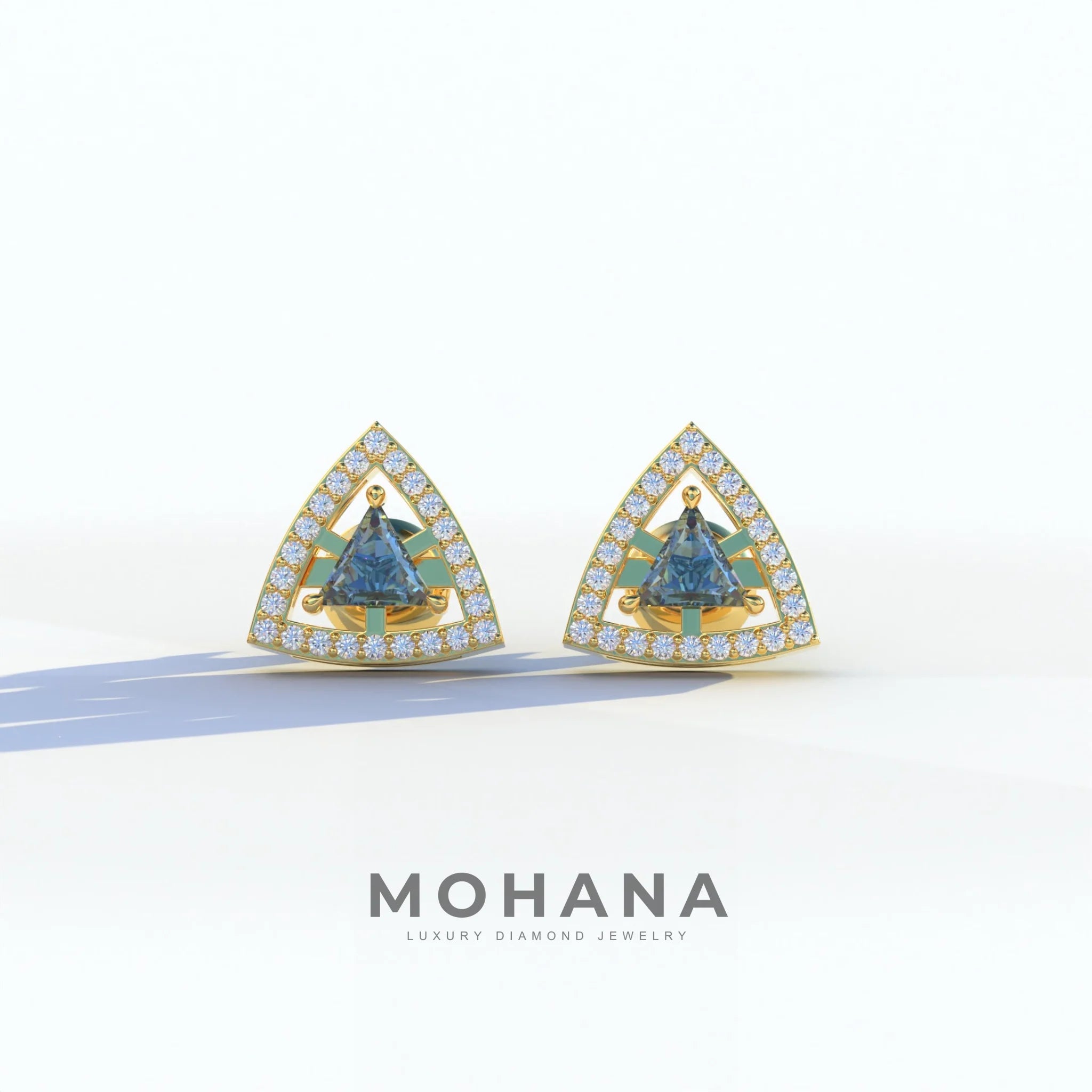 Blue Color Triangle Cut Lab Diamond Halo Stud Earrings - Trinity - 10K Solid Gold / Yellow Gold