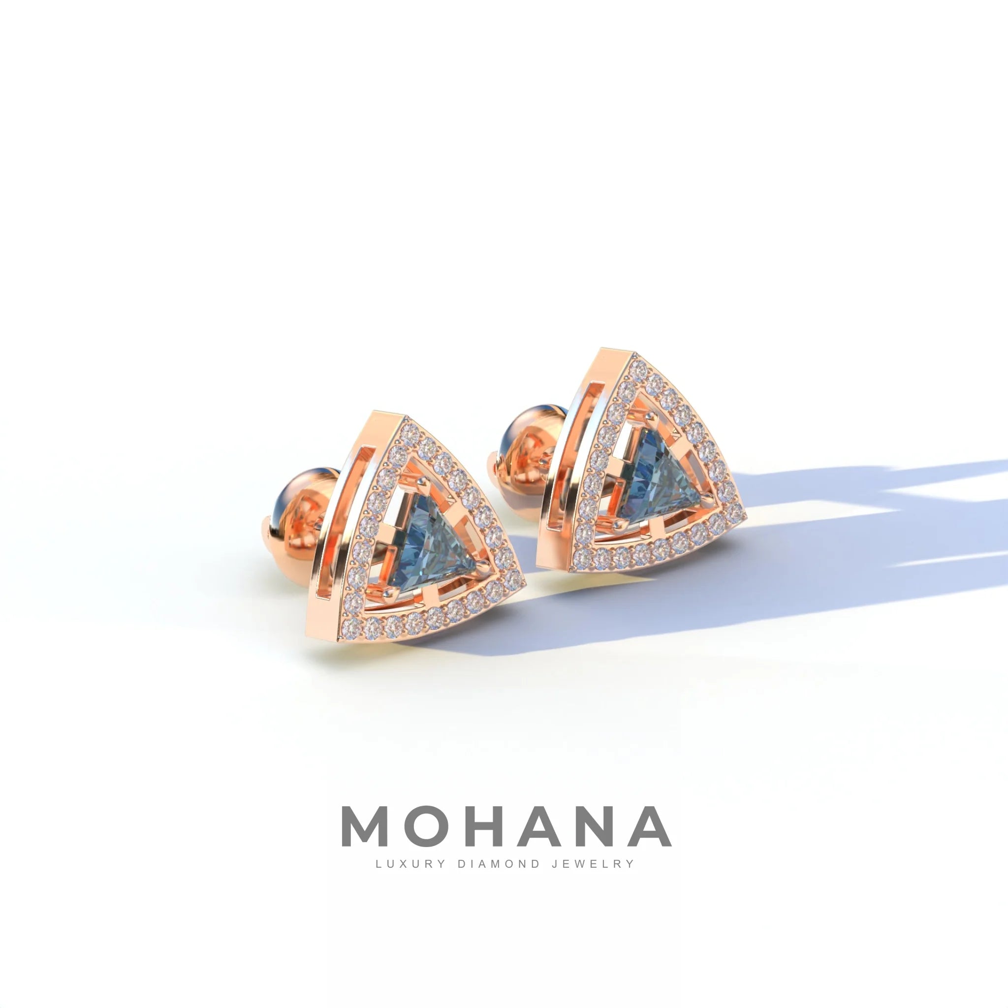 Blue Color Triangle Cut Lab Diamond Halo Stud Earrings - Trinity