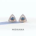 Blue Color Triangle Cut Lab Diamond Halo Stud Earrings - Trinity - 10K Solid Gold / Rose Gold