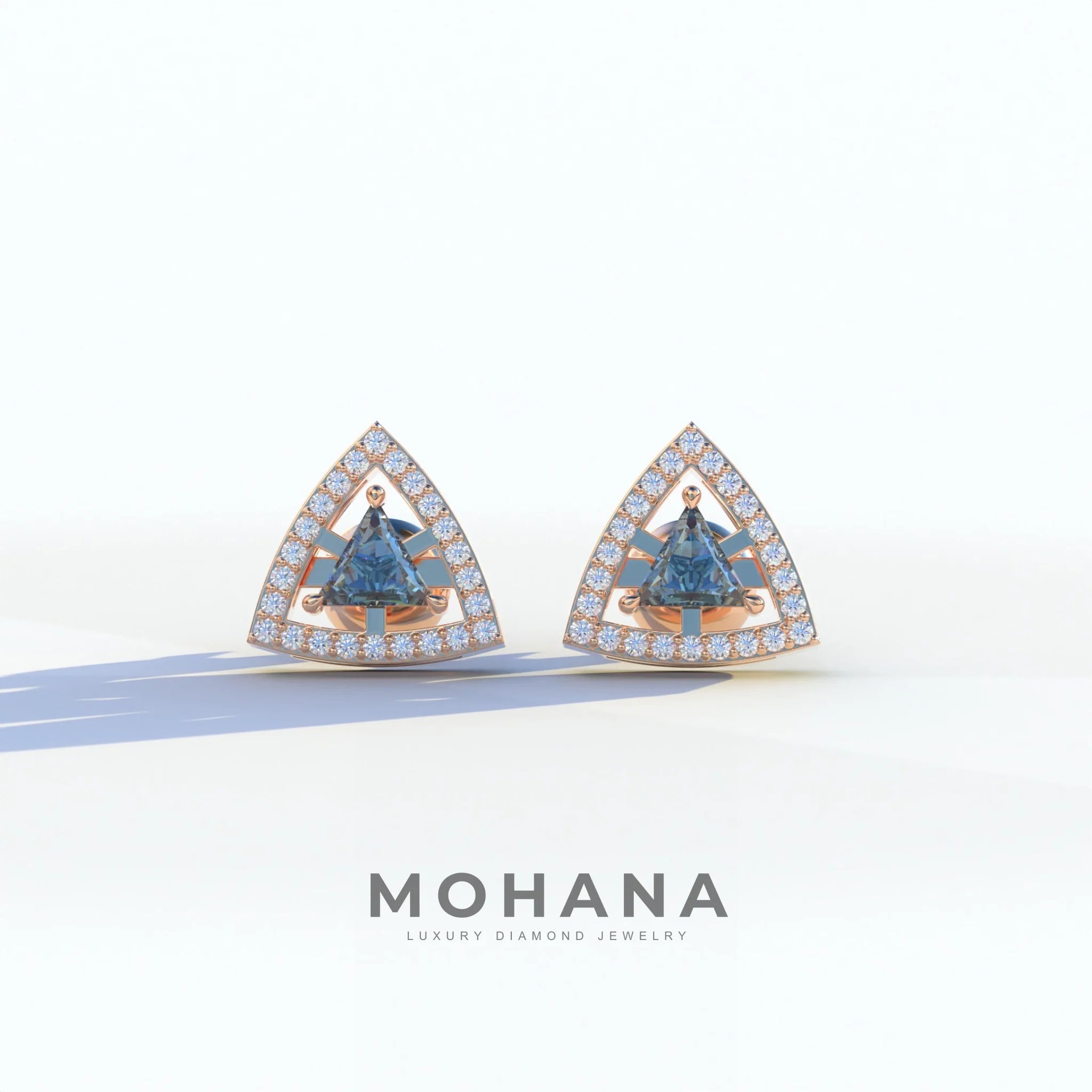 Blue Color Triangle Cut Lab Diamond Halo Stud Earrings - Trinity - 10K Solid Gold / Rose Gold