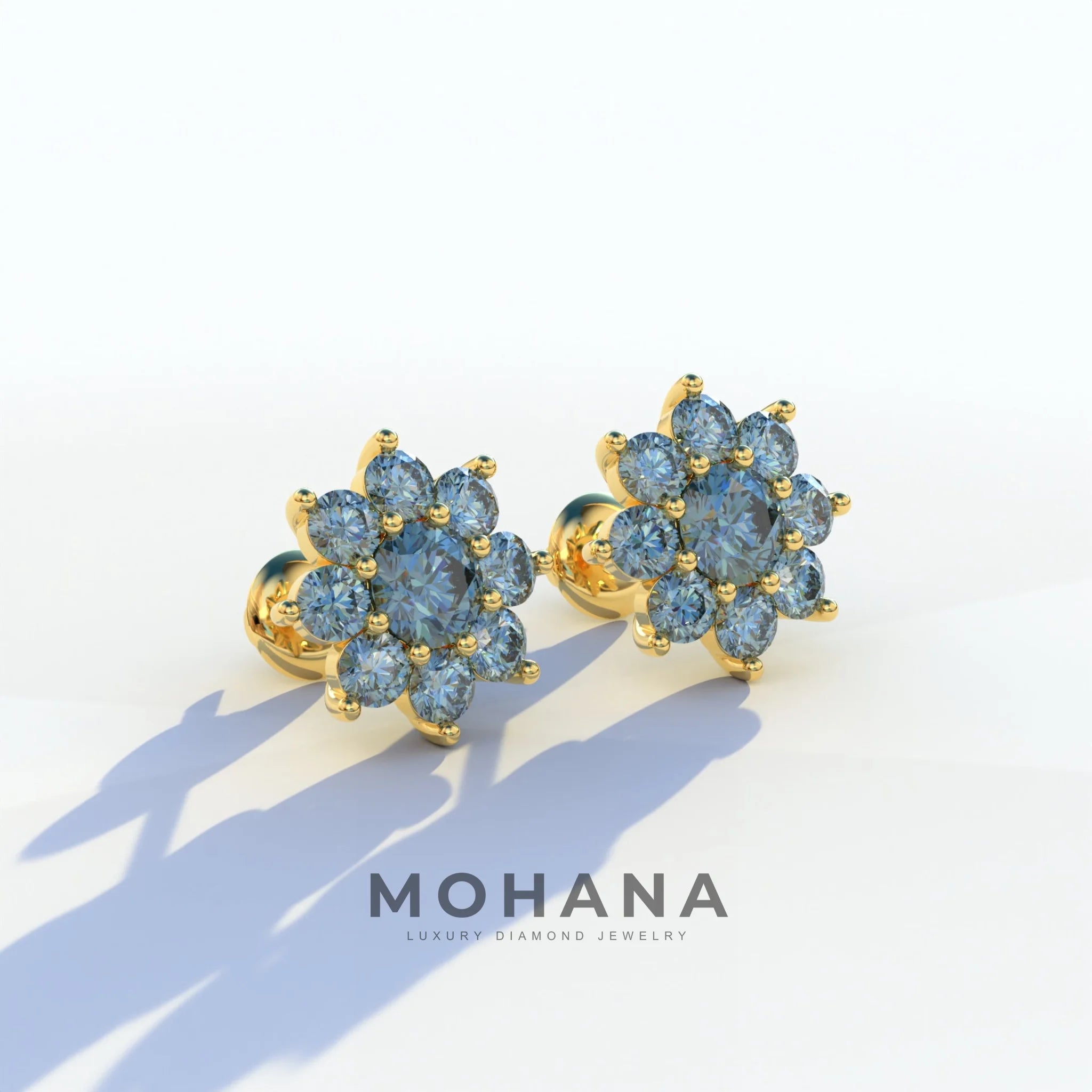 Persee - Round Blue Diamond Stud Earrings| Piercing Flower Setting