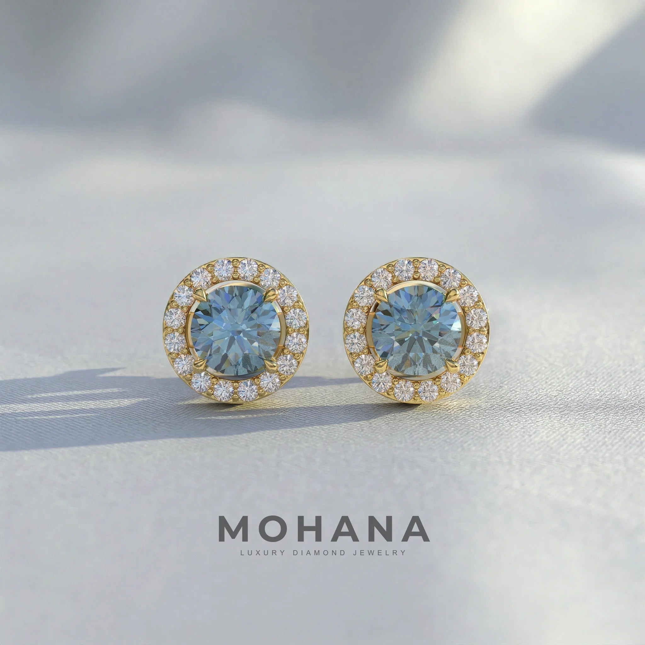 Ciera - Stunning Blue Color Round Diamond Stud Earrings | Halo Setting | Certified