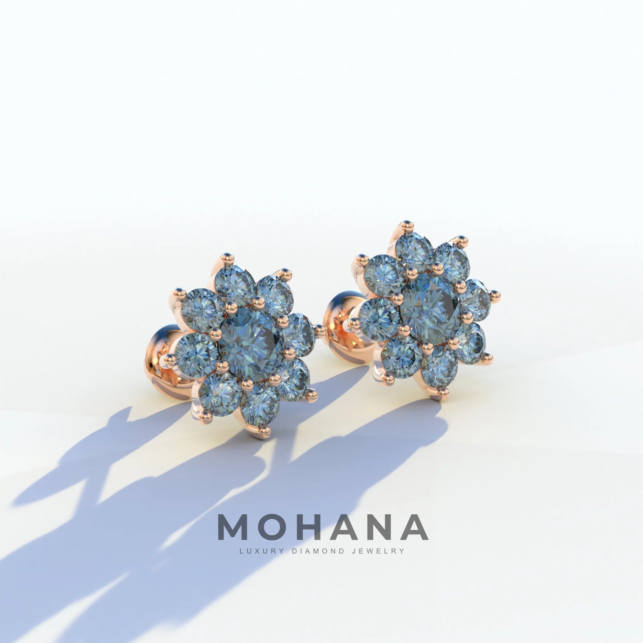 Persee - Round Blue Diamond Stud Earrings| Piercing Flower Setting