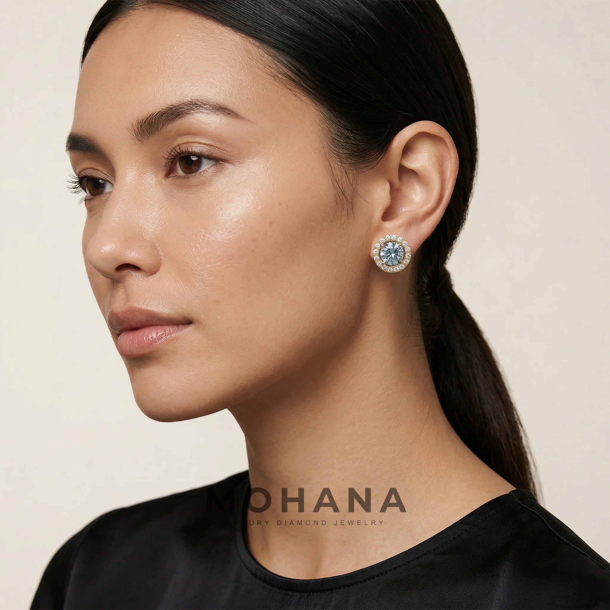 Ciera - Stunning Blue Color Round Diamond Stud Earrings | Halo Setting | Certified