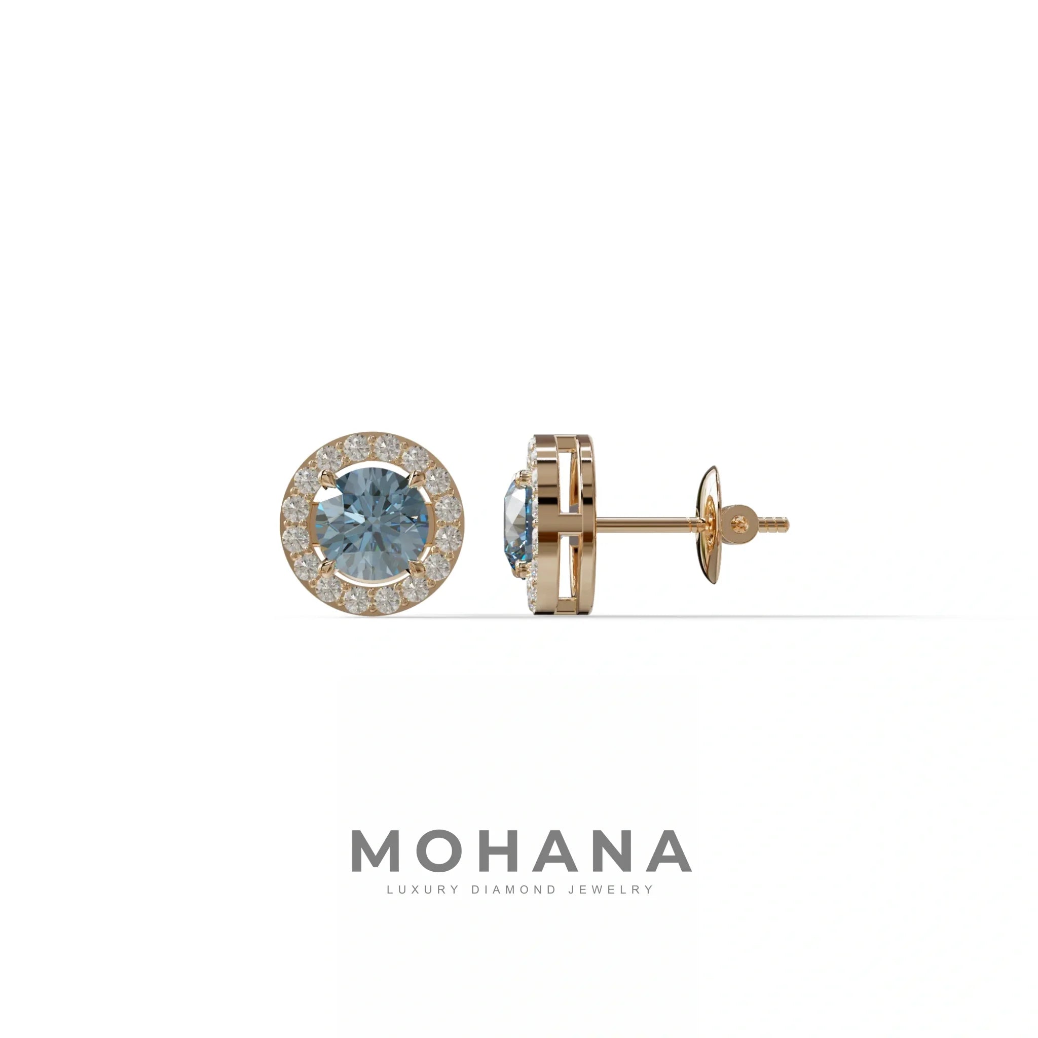 Ciera - Stunning Blue Color Round Diamond Stud Earrings | Halo Setting | Certified