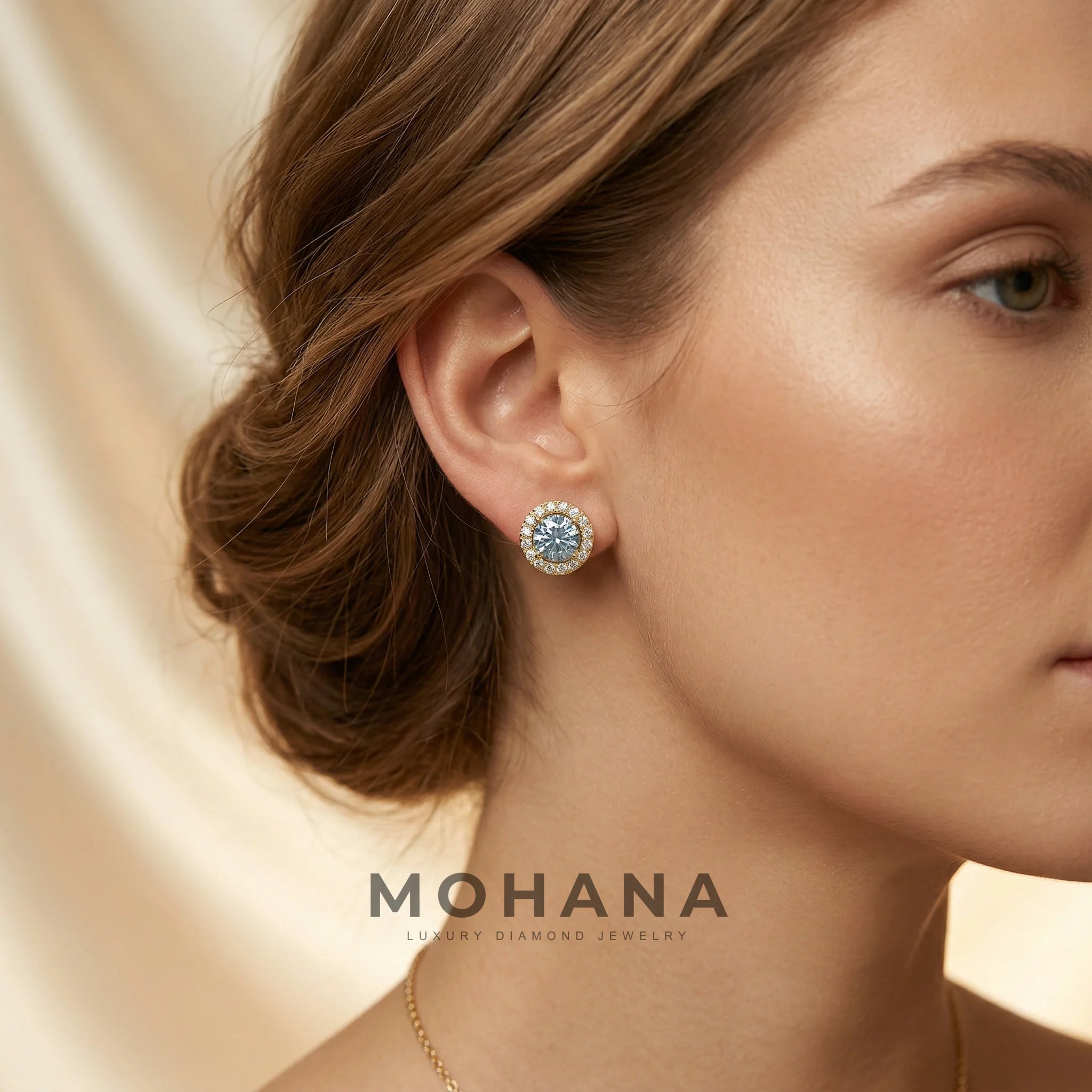Ciera - Stunning Blue Color Round Diamond Stud Earrings | Halo Setting | Certified