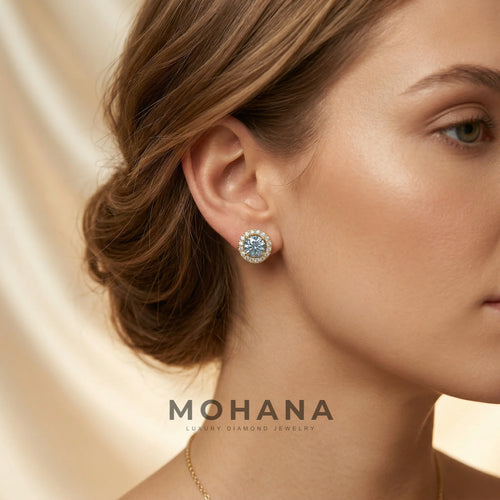Ciera - Stunning Blue Color Round Diamond Stud Earrings | Halo Setting | Certified